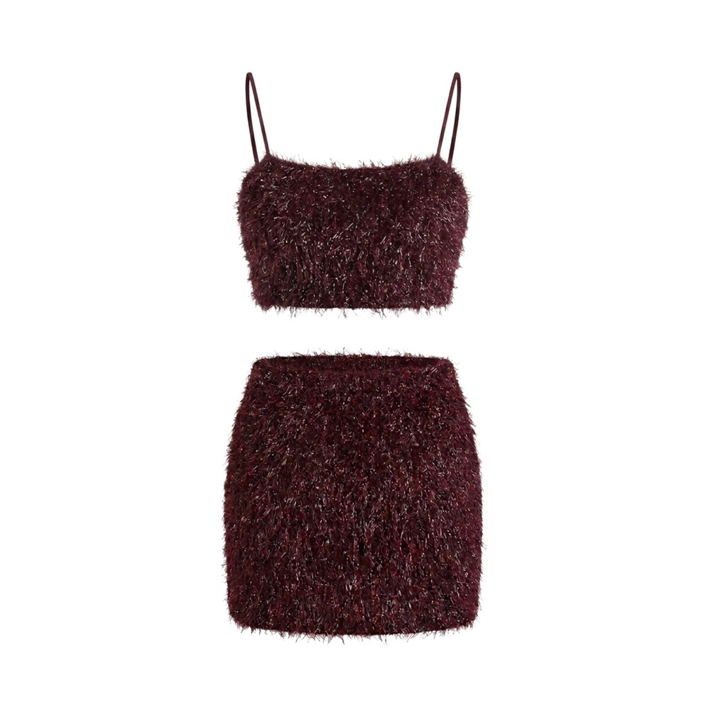 Forever 21 Burgundy Tinsel Fringe 2 Piece Skirt Set Sparkle Holiday Party Small